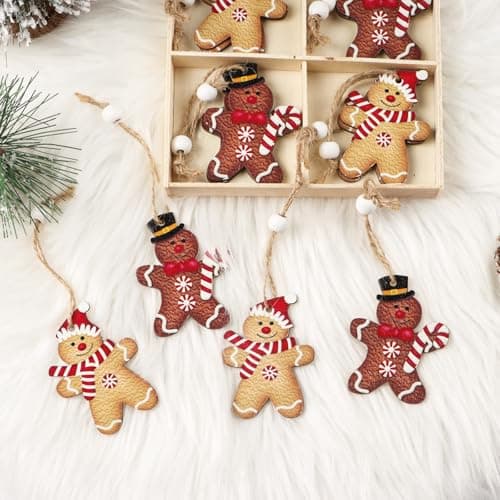 12Pcs Décoration Sapin Noël Pendentif en Bois Motif Bonhomme Pain d’épice Suspension Ornement à Suspendre pour Arbre Noël Chambre Intérieure