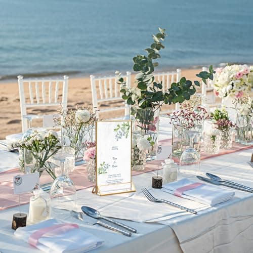 Natuce Lot de 6 Présentoirs de Table en Acrylique, 18 x 10,7cm, Cadre Photo Double Face Transparent avec bord Dorées, pour Menu de Restaurant, Numéros de Table de Mariage, Photo, Publicité, Réception