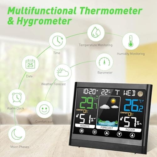 jely Station Meteo Interieur Exterieur Sans Fil avec Capteur Thermomètre Hygromètre LCD Écran Couleur avec Alerte Température Météo Prévisions DCF Radio Phase de la Lune Snooze Réveil