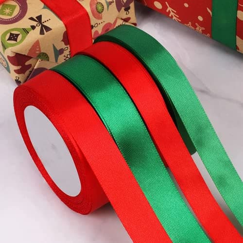 4 Rouleaux Ruban Satin, 88 Mètres Ruban en Satin Double Face, Ruban de Noël, Satin Polyester Ruban pour la Décoration de Mariage, Noël, DIY, Bouquet(Rouge, Vert)