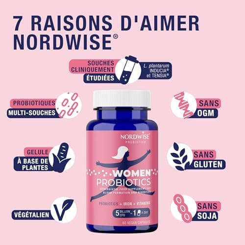 Probiotiques pour femmes de Nordwise - Améliorez votre santé intestinale I Formule végétalienne pure I Efficace 5 milliards d'UFC I 60 capsules I Approvisionnement de 2 mois