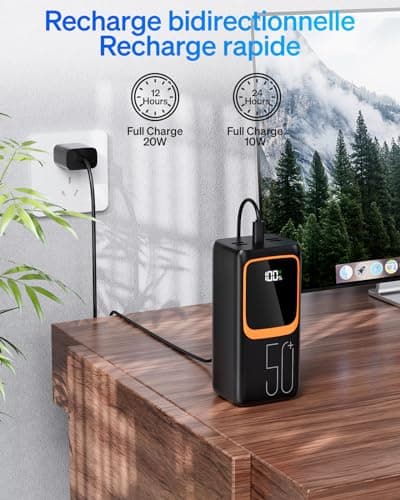 Power Bank de 50000 mAh avec câble intégré : Batterie Externe de Charge Rapide de 22,5 W avec Grande capacité, Chargeur Portable avec Lampe de Poche LED et 7 Sorties et 3 entrées-Noir with