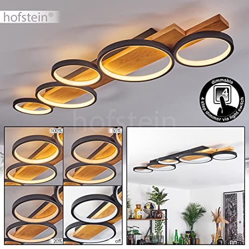 Plafonnier LED Rodekro, plafonnier à intensité variable en métal/bois en noir/nature/blanc, luminaire à intensité variable avec poutre en bois, LED 44 watts, 3000 K, 5100 lumens