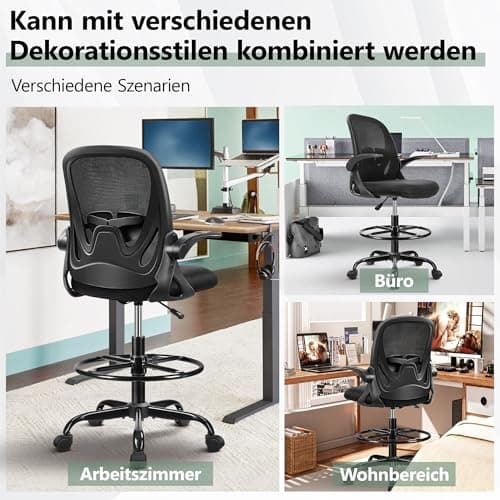 Primy Chaise de bureau ergonomique, réglable en hauteur, avec accoudoirs rabattables et support lombaire réglable avec anneau de repose-pieds, chaise familiale pivotante (noir)