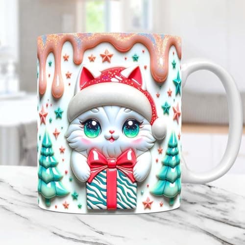 Ancsttu Tasse à café 3D, motif chat de Noël | Tasse à café en céramique avec chapeau de Noël 350 ml pour famille, , amis, collègues
