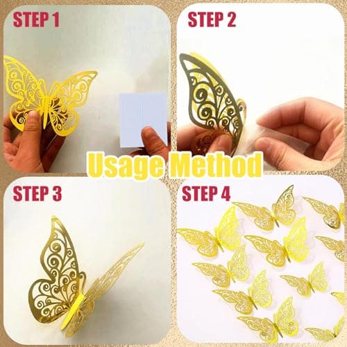 60 Pièces Papillon Décorations,Stickers Muraux de Papillons 3D,Autocollants muraux de Papillons Doré Pour Chambre,Salon,Gâteau,fête,mariage