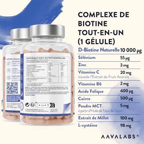 Biotine Cheveux 10000μg Complement Alimentaire Cheveux Biotin Vitamine B8 Zinc Selenium Huile de Coco MCT Vitamine C Acide Folique Vitamine B6 LCystéine Pousse Cheveux Biotine 10000 mcg -180 Gélules