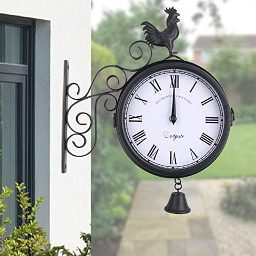 Horloge de jardin - Horloge de gare - Montre Résistante aux intempéries - Design double face - Étanche - 20 cm - Rétro - Avec support mural - Pour jardin, couloir, véranda, gare - Noir