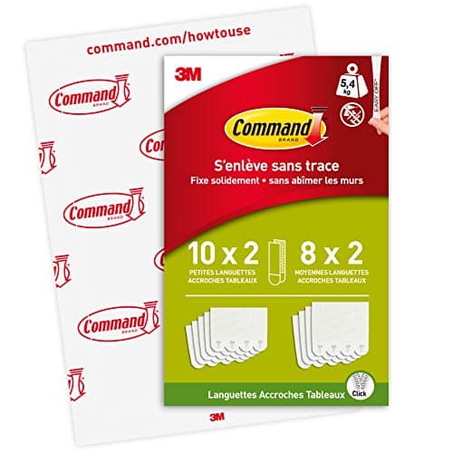 Command Languettes Accroches Tableaux, Blanc - 10 Paires de Petites Bandes (S), 8 Paires de Moyennes Bandes (M) - Bandes Adhésives Murales pour Photos, Cadres et Affiches - Fixation sans Dommage