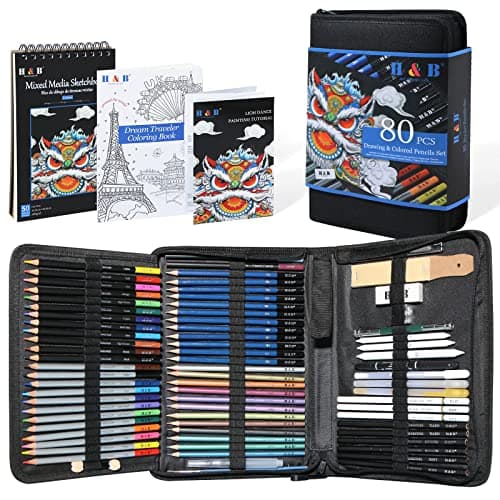 H & B Lot de 80 crayons à dessin, ensemble de crayons à croquis, kit de dessin professionnel avec livre de coloriage, carnet de croquis, 3 couleurs, enfants, débutants (noir)