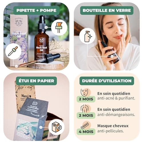 Bionoble Huile de Nigelle Bio Pure 50ml + Pipette et Pompe - Bouteille en Verre - 100% Naturelle, Pressée à Froid - Huile Nigelle Bio Visage Corps Cheveux - Huile de Cumin Noir Bio, Black Seed Oil