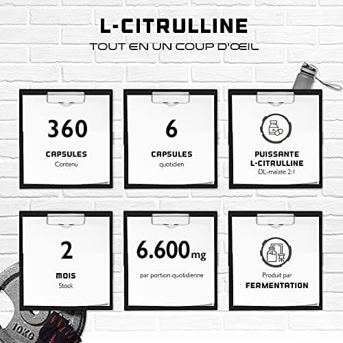 L-Citrulline 360 gélules - Extra fortement dosé avec 1100 mg par gélule - 6600 mg par portion - L-Citrulline DL-Malate 2:1 issue de la fermentation végétale - Sans additif indésirable