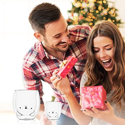 SHENDONG Ensemble de 2 Tasses Ours Mignon Ours Mignon de Tasses Thé Café Tasse Tasse à Lait Tasses à Expresso en Verre isolé à Double paroi en Verre Cadeau pour Anniversaire Personnel Saint Valentin