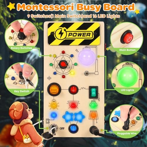 Ophy Busy Board Montessori Planche Activité Montessori Activity Board en Bois avec 9 Interrupteurs 16 Lampes LED Jouet en Bois Bebe Motricité Fine Jeux Educatif Cadeau pour 1 2 3 Ans Jouet Enfant