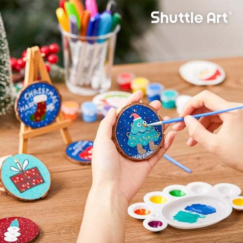Shuttle Art Kit Rondin de Bois Deco, 70 Pièces Tranches de Bois Naturel 7-8cm, Cercles en Bois Inachevé Pré-percé avec Trou et Accessoires, Craft Wood Kit pour Decoration Noël