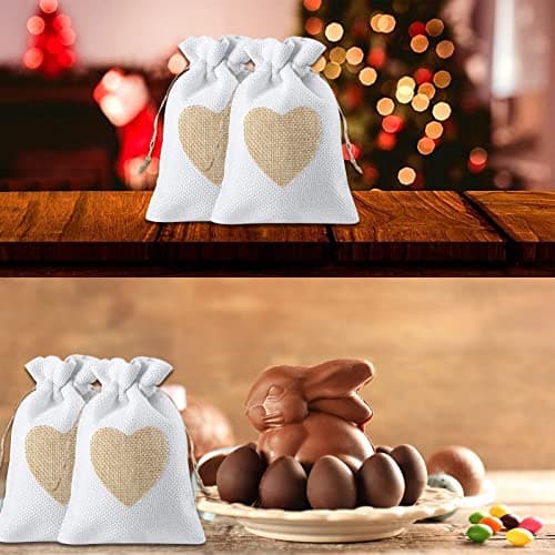VEGCOO 24Pcs Motif de Coeur Sachets en Toile de Jute Pochettes 10 * 14CM, pour Dragees Mariage pour Bonbons Adeaux Cadeau Baptême Anniversaire Noël Petit (Blanche)
