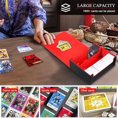 QCXWCJWD Storage Trading Cards Box Compatible avec Magic The Gathering PTCG PKM Cartes, Magnetic Deck Box pour 2400+ YGO Cartes sans Manches, Tray Long Box avec 8 Intercalaires(Noir Rouge)