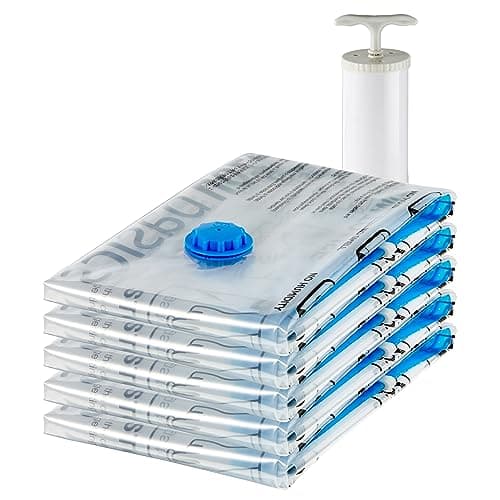 Amazon Basics housses de rangement sous vide avec pompe manuelle, Fermeture éclair, 5 pièces, Taille L, Clair