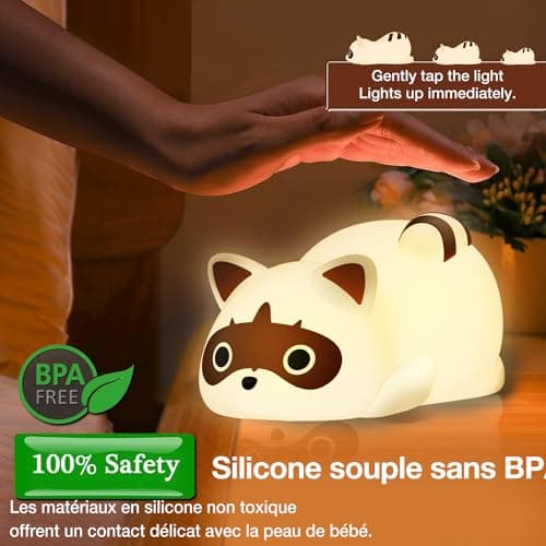 QUIGO Veilleuse Enfant Veilleuse Bébé Rechargeable Lampe de Chevet avec USB Raton Laveur Silicone Tactile Veilleuse LED,Enfant Cadeau D'enfant Cadeau Jouet Garçons et filles