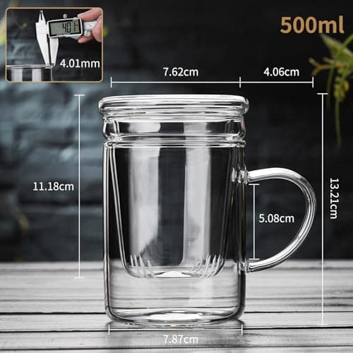 MEISINNI Tasse à Thé en Verre avec Infuseur et Couvercle, 480 ml Tasse à Thé avec Infuseur, Mug Transparent, Tasse en Verre, Cup pour Thé en Fleurs et en Vrac, Compatible avec Cuisinière à Gaz