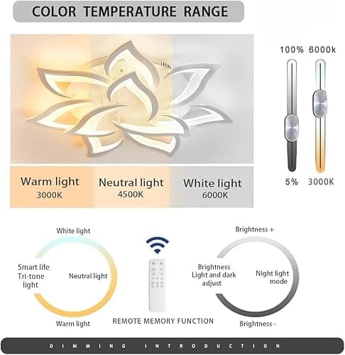 Plafonnier LED Petale, Plafonnier Salon Dimmable 3000k-6000K (10 Petales) | Luminaire Plafonnier avec Télécommande, Lustre Chambre Design de Creative Petal 60W, Aluminium+Acrylique , Diamètre 85CM