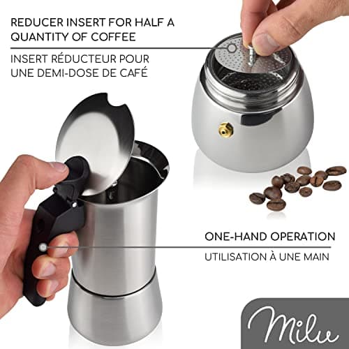 Milu cafetière Italienne Induction | 2, 4, 6, 9 Tasses | Cafetière Moka en INOX, Espresso Maker Acier Inoxydable, Ensemble comprenant un sous-verre, une cuillère, un pinceau (6 tasses 300ml)