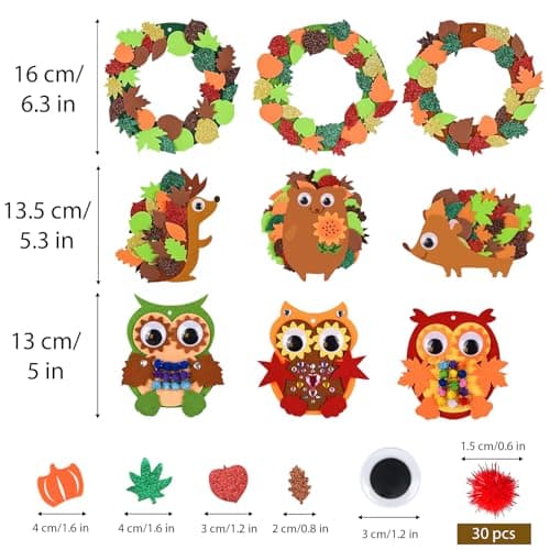 BETESSIN Loisirs Créatifs d'Automne et d'Hiver pour Enfant Bricolage Automne Mousse en Feutre avec Feuilles et Autocollant de Diamant Hibou Hérisson pour Halloween Thanksgiving Noël