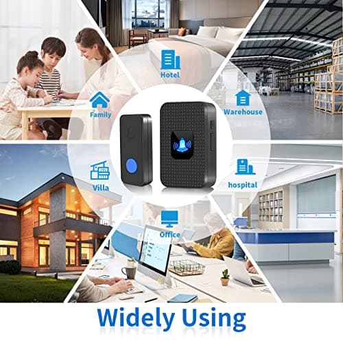 Nestling Sonnette sans Fil, Mini Sonnette de Porte IP55 Exterieur Étanche Kit de Carillon Electronique Portée 300M, 55 Mélodies au 5 Niveaux Volumes, LED Bleu pour Maison Bureau Hôtel Urgence, Noir
