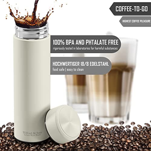 Bouteille d’eau isotherme à infusion thé & fruits + infuseur à fruit + passoire thé sans BPA | Thermos 450ml en acier inoxydable isolé sous vide | Gourde bureau extérieur école voyage sport
