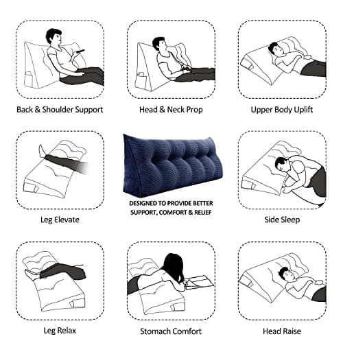 Johnear Coussin de Lecture pour lit ou canapé, Traversin Gros Coussin Dossier Corduroy,Oreiller Triangulaire Coussin Coin, tête de lit,Coussin pour Lombaire Jambe, cale Dos Plage, Bleu foncé 160cm