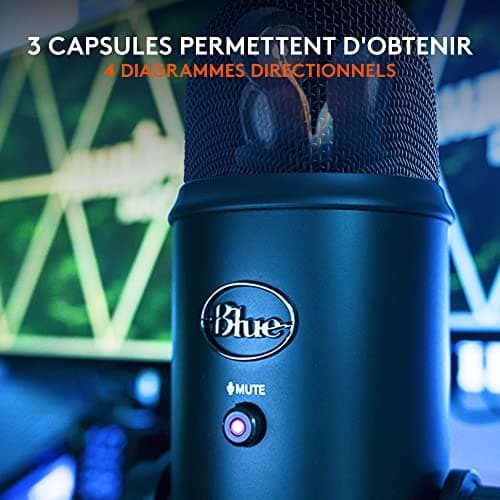 Logitech for Creators Blue Yeti Microphone USB pour Enregistrer, Streaming, Gaming, Podcast sur PC & Mac, Micro condensateur pour ordinateur portable et PC avec Effets Blue VO!CE, Plug and Play - Noir