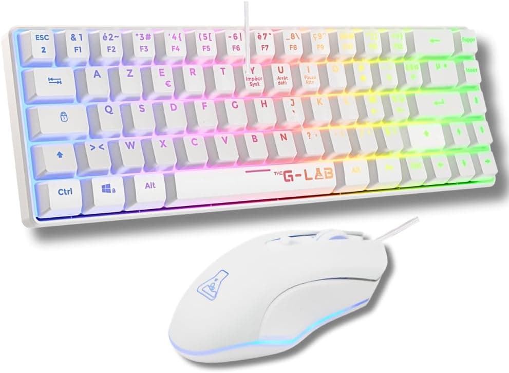 The G-Lab Combo Hydrogen - Pack Clavier Souris Gamer 60% RGB Blanc | Format 60%, Clavier Filaire, RGB, Souris 7 200 DPI, 6 Boutons, AZERTY FR