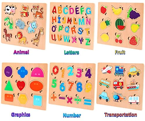 lenbest 6 pcs Puzzles en Bois pour Enfants, Montessori Jouet Bebe, Alphabet Nombre Forme Véhicules Fruit Animal Jeuets Educatifs Apprentissage pour Bébés 2 3 4 Ans Garçons Filles Cadeau Anniversaire