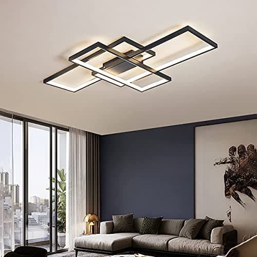 Plafonnier LED, Luminaire Salon, dimmable avec télécommande 3000K-6000K, nouveau design irrégulier lampe rectangulaire en métal acrylique cuisine lampes de décoration de chambre,Noir,90*50CM/80W