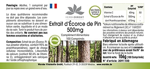 Extrait d'écorce de pin 500mg - hautement dosé - vegan - 100 comprimés - avec vitamine C | Warnke Vitalstoffe - Qualité des pharmacies allemandes