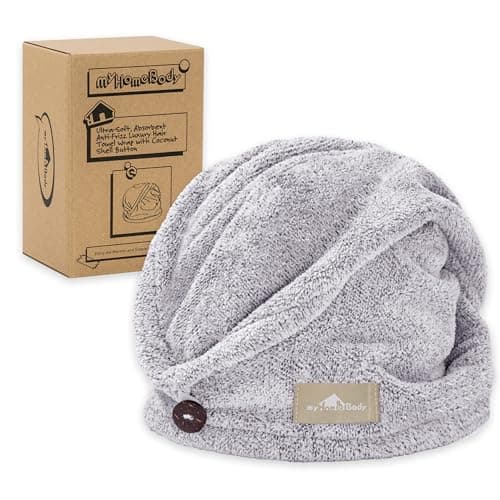 myHomeBody Serviettes de Cheveux, Turban de Luxe Anti-frisottis à séchage Rapide, Fibre de Charbon absorbante Ultra-Douce et à séchage Rapide, accompagnée de Boutons Gris de Noix de Coco