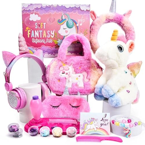 Joellfuner Peluche Licorne Cadeau Fille, Licorne Jouet AVCE Bijoux Enfants, Licorne Kit Bracelet, Sac Licorne, Licorne Serre Tête, Cadeau Anniversaire Fille, Noël Cadeau pour Enfants 6 7 8 9 Ans