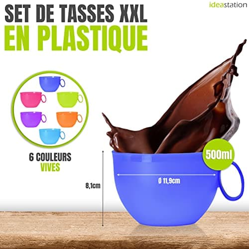 idea-station Neo grande tasse plastique 6 x 500 ml - couleur - tasse a cafe - camping mug xxl en plastique
