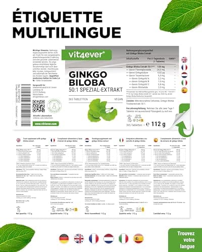 Ginkgo Biloba 6000 mg - 365 Comprimés - Premium : Avec glycosides de flavone + ginkgolide terpène lactones & acide ginkgolique libre - Sans additifs indésirables - Hautement dosé - Végétalien