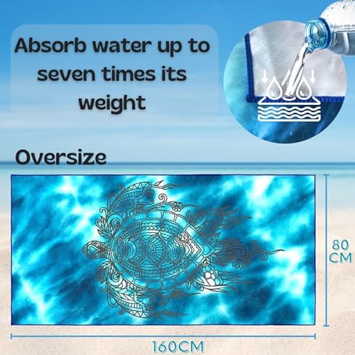 Lubibi Serviette de Plage en Microfibre,Grande Couverture de Plage,80x160cm,Séchage Rapide,Anti-Sable,Super absorbante,Serviette de Voyage Portable,pour Fitness, Camping,Natation,Yoga(Tortue Marine)
