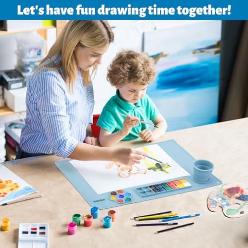 Tapis de peinture en silicone, Limous Tapis peinture avec porte-gobelet (60X40 CM/24 "x16"), palette peinture séparateur de 16 couleurs pour le bricolage et la création d'argile