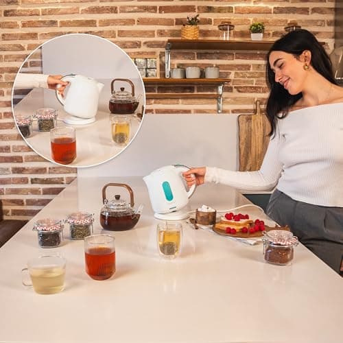 Cecotec Bouilloire électrique Thermosense 140 White. Bouilloire 1 L sans BPA, 2200 W, filtre anti-calcaire, base rotative 360o, sans fil et arrêt automatique pour un usage pratique et sûr.