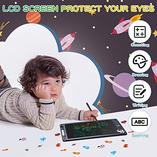 Coolzon Tablette Dessin Enfant, 12 pouces Tablette D'écriture Effaçable Et réutilisables,Ardoise Magique pour Dessin de peinture et listes de notes, Autocollants de Dessins Animés Gratuits,Noir