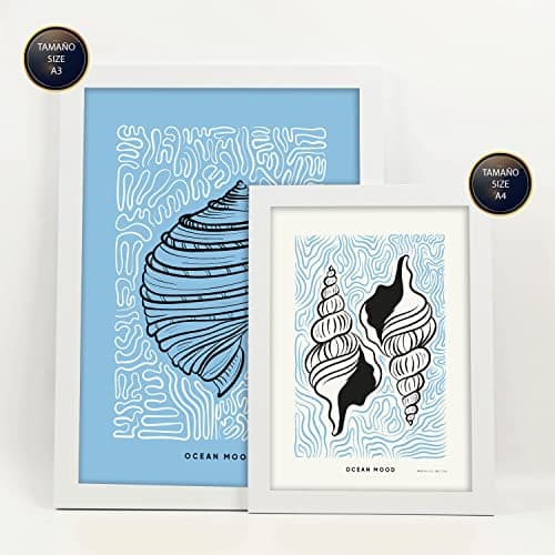 Nacnic Ensemble de 6 affiches à l'encre noire. Fleurs d'iris. Impressions artistiques de la mer et de l'océan pour l'aménagement intérieur et la décoration. A3 et A4, cadres blancs.