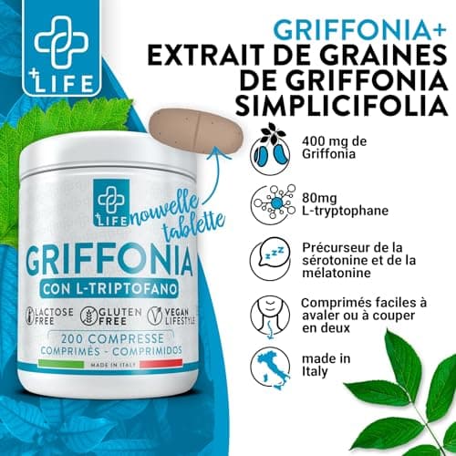 GRIFFONIA Tryptophane Forte Dose PiuLife® 200 Comprimés De 400mg, L tryptophane Précurseur De La Serotonine, Somnifere Puissant Pour Dormir Mieux Naturel, Bonne Humeur, Anti Anxiete et Stress
