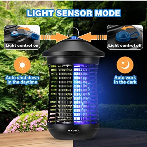 Lampe Anti Moustique avec Capteur de Lumière, WADEO 4000V 20W UV Tueur d'Insectes Électrique Anti Insectes Répulsif, Efficace Portée 100m2 pour Intérieur Extérieur Jardin Terrasse Camping
