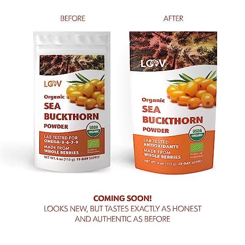 Poudre d’argousier bio LOOV, riche en fibre, faite à 100% de baies entières, 110 g, cultivés dans les régions nordiques, riche en oméga, vitamines C et E, Portions de 23 jours, ni sucre ajouté ni OGM