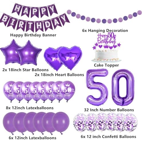 Violette 50 ans décorations anniversaire Femme, Décoration fête 50 ans Femme, anniversaire,Violet Décoration anniversaire 50 ans Femme,Ballons 50 ans anniversaire Décoration Femme Violet