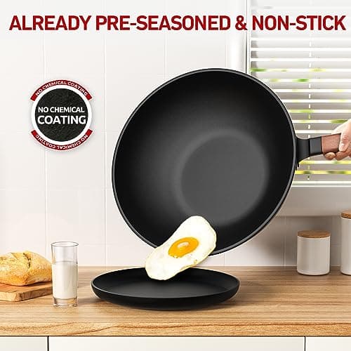 Jobin 33 cm/5,6L Wok en Acier au Carbone Avec Couvercle - Sans Revêtement Chimique - Cuisiner des Plats Asiatiques pour 4-6 Personnes - Convient à Induction/Electrique/Gas