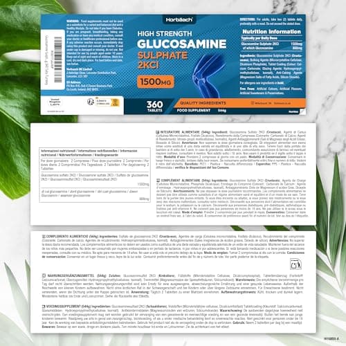 Glucosamine Sulfate 1500mg 2KCl | 360 Comprimés | Complément Alimentaire à Haute Dose | Glucosamine Sulphate Supplement | par Horbaach